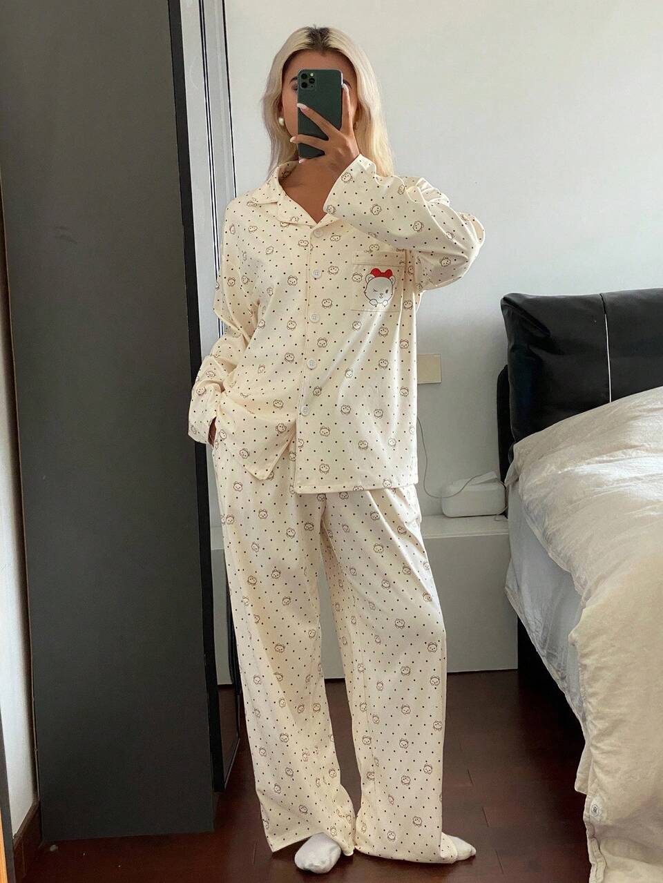 2pcs Women Loose Fit Cat Print Long Sleeve Top & Pants Pajama Set, Fall Clothes