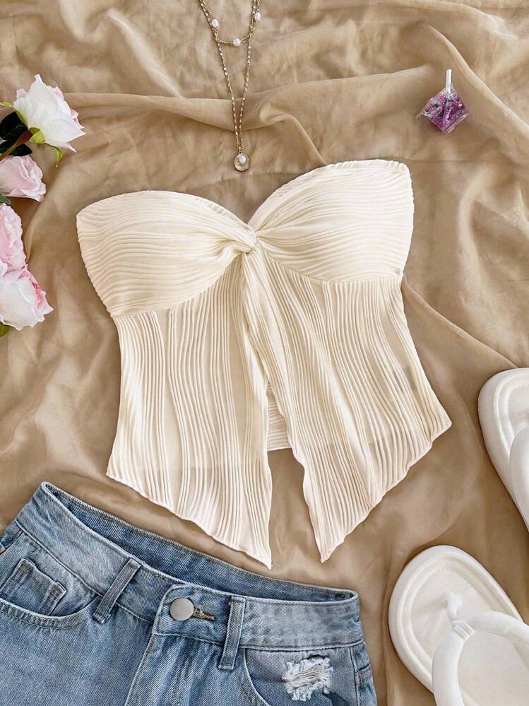 Soleia Top bandeau casual y sexy de tela con textura y corte con retorcido para vacaciones - Albaricoque - Añade 1