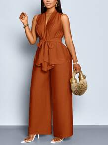 SOLERSUN Plus Size Summer Casual Commuter Solid Color Tank Top And Pants 2 Pieces Set - Rust Brown - View 6