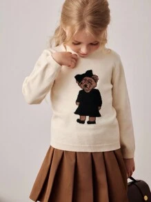 PrepCrw Young Girls' Collegiate Style Bear Graphic Crew Neck Sweater Little Girl School Clothes Kids Brown Skirts Girl Clothes Autumn And Winter Clothes Girls White Sweater With Bear Girls Pleated Skirt Fall - Multicolor - View 7