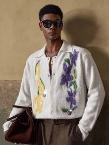 AKNOTIC 男士针织开衫 - 米色，百搭休闲法式刺绣花卉图案，圆领长袖夹克 - 手洗或干洗 - 适合全球，秋冬 - 米色 - 查看 3