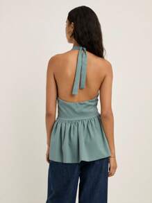 2026 Top halter con escote en V profundo sin mangas con detalle de peplum y recogido.Elegante y formal para vacaciones de verano y primavera, salidas, bodas, fiestas y festivales - Niebla azul - Ver 2
