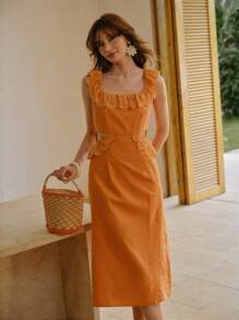 MOTF STUDIO ROMANTIC VACATION RUFFLE TRIM EYELET EMBROIDERED DRESS - Orange - View 5