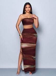 SOLERSUN 深红色波浪高弹优雅全身数码印花紧身性感外出时尚派对度假女士抹胸长裙套装 - 彩色 - 查看 6