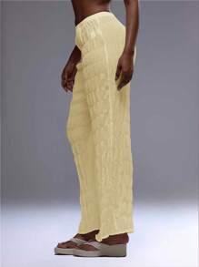 MUSERA Ruched Textured Straight Leg Trousers Summer 90's Boho Elegant Holiday Casual - Yellow - View 4