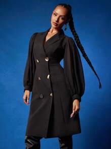 NYA SZN Dress Long Sleeve Plunge V Neck Button Up Collar Modest Guest Midi Length Outfits For Women - Black - View 7