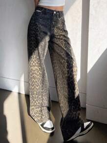 Dazy Tall Women's Leopard Print Loose Casual Street Style Jeans, Tall - Brown - View 8