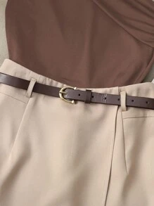 Franclia 休闲时尚百搭通勤高弹纯黑色单肩褶皱上衣搭配卡其色假口袋半身裙裤，配腰带，女士两件套，适合大学穿着 - 彩色 - 查看 4