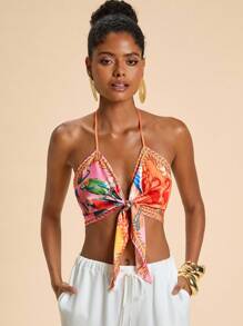 Travachic Top halter bohemio vibrante de tela tejida con diseño de estampado aleatorio llamativo para ropa de playa de otoño e invierno - Multicolor - Ver 6