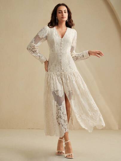 Anewsta Spring New Vintage Beach Vacation Style Lace Hollow-Out V-Neck Women Long Sleeve Dress
