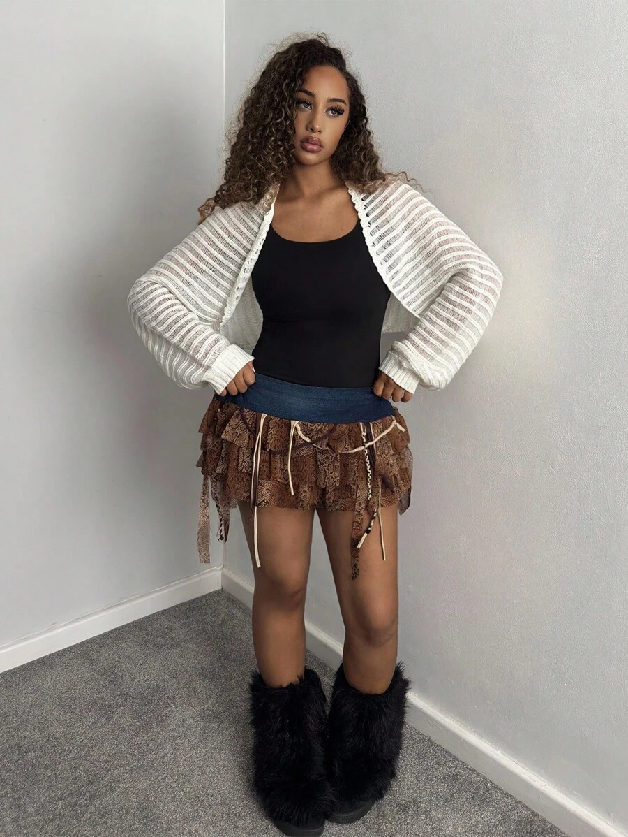 StreetHx Áo khoác cardigan mỏng dài tay móc đơn sắc thường ngày dành cho nữ, mùa thu/đông - Màu be - Xem 1