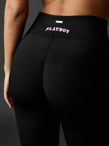 Missguided x Playboy Performance High Rise Compression Workout Leggings Moisture Wicking Athletic Yoga Running Tights With Logo Print Training Exercise Fitness Pants - Black - View 5