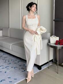 DAZY Women's Solid Color Lapel NeckLong Sleeve Double-Breasted Jacket And Dress Elegant Suit Set Buisness Attire - White - View 2