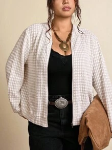 SHEIN LUNE 大码女式针织人字纹千鸟格棒球夹克拉链开衫女式轻便夹克女式披肩秋季女装秋季女装飞行员夹克商务休闲女式教师装圣诞节工作/办公室 - 杏色 - 查看 7