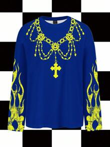 Studio Chunk Women's Blue Yellow Casual Loose Fit Crew Neck Long Sleeve T-Shirt, Suitable For Autumn/Winter, Party, Club, Daily Wear, Distressed, Faux, Cross, Metal Chain, Flame, Halloween, Dark, Streetwear, Y2K,Royal Blue Tops Flame Sleeve Shirt - Blue - View 1