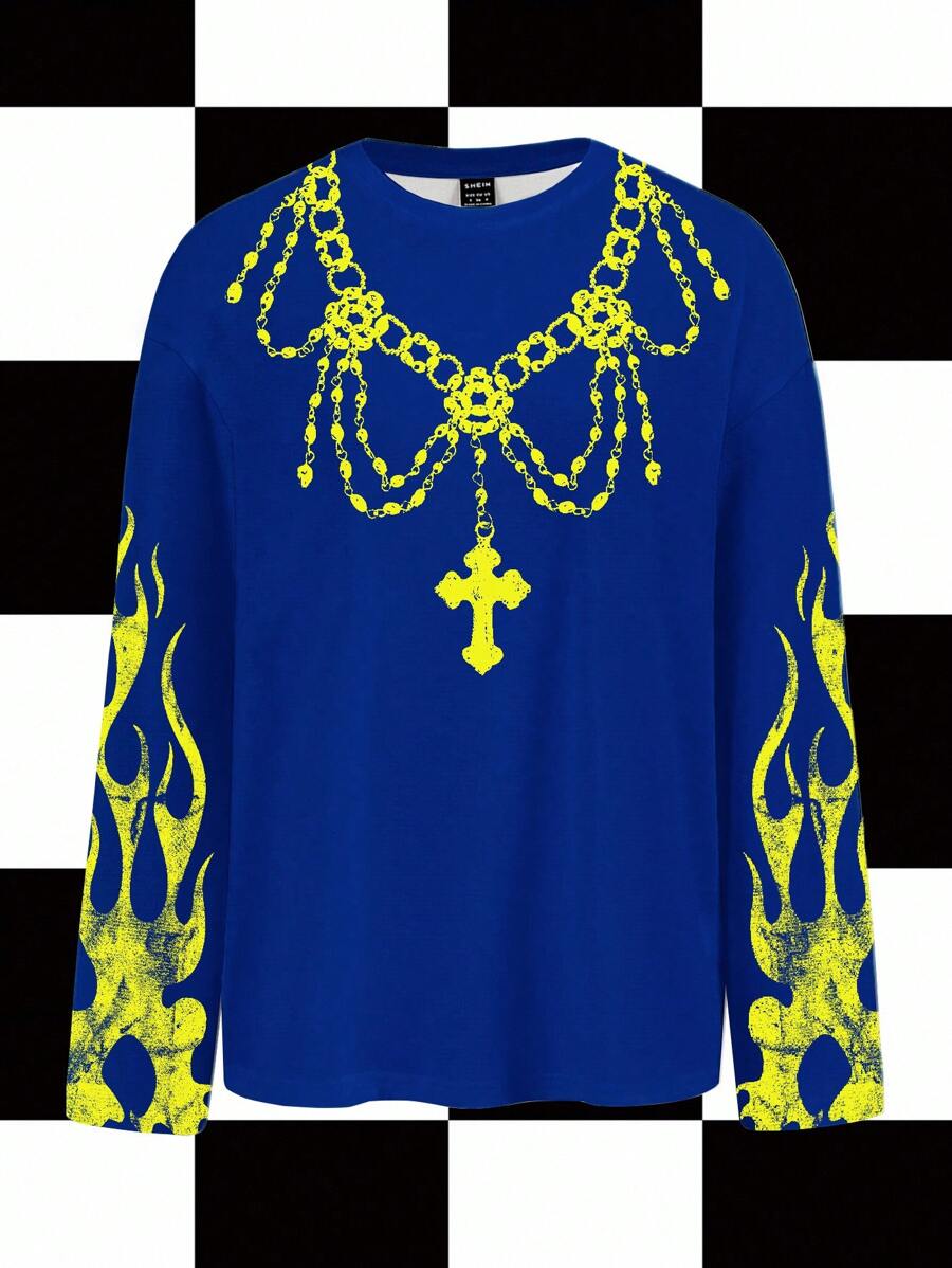 Studio Chunk Women's Blue Yellow Casual Loose Fit Crew Neck Long Sleeve T-Shirt, Suitable For Autumn/Winter, Party, Club, Daily Wear, Distressed, Faux, Cross, Metal Chain, Flame, Halloween, Dark, Streetwear, Y2K,Royal Blue Tops Flame Sleeve Shirt - Blue - View 1
