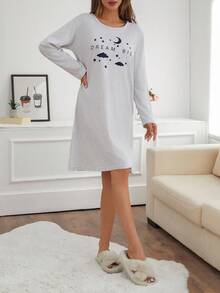 SHEIN Women Contrast Colour Lettered Round Neck Long Sleeve Homewear Pajama Dress Nightgown Long Sleeve Nightgown Womens Nightdress Sleepwear Women
