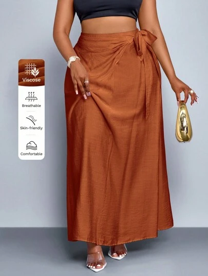 SOLERSUN Plus Size Women's Spring And Summer Fashion Solid Color Lace-Up A-Line Loose Casual Vacation Long Skirt, Seaside Vacation Beach Vacation Skirt, Versatile Skirt Fall Cloth For Women