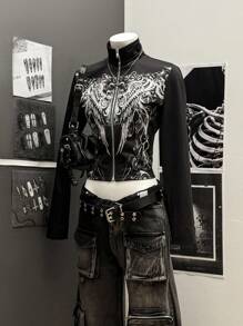 StreetHx 时尚朋克风格印花女式轻便夹克 - 黑色 - 查看 1