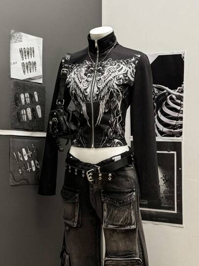 StreetHx Fashionable Punk Style Printed Women's Lightweight Jacket Fall Winter Cloth For Women