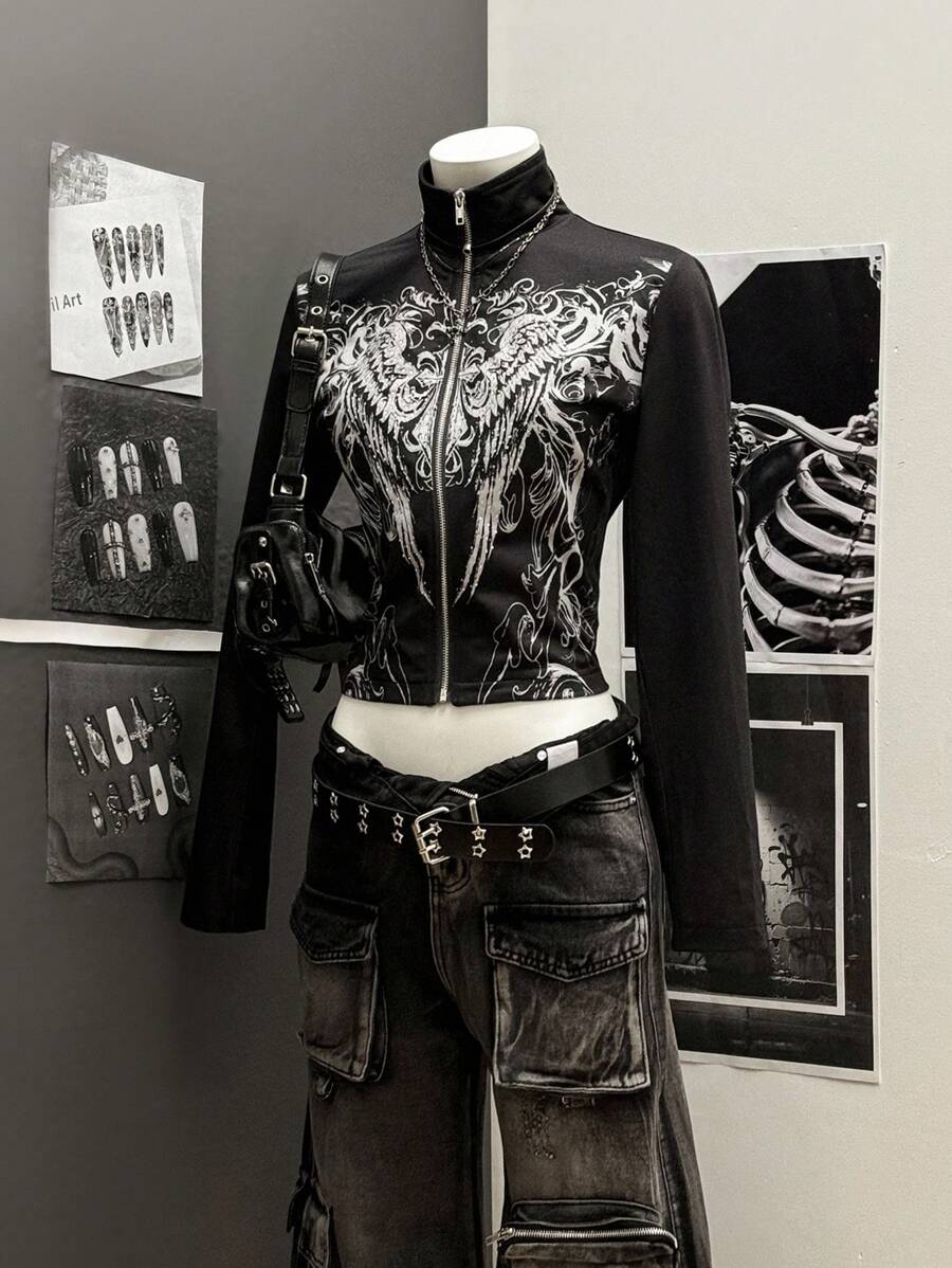 StreetHx 时尚朋克风格印花女式轻便夹克 - 黑色 - 查看 1