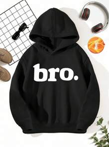 SHEIN Sudadera básica casual con estampado de lema de letra para niño preadolescente, elegante para otoño/invierno - Negro - Ver 4