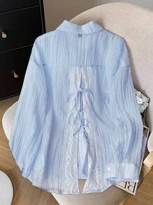 SHEIN Clasi Áo sơ mi nữ tay dài màu trơn, đơn hàng thường ngày, cỡ lớn, mùa xuân/thu - Màu xanh lam - Xem 1