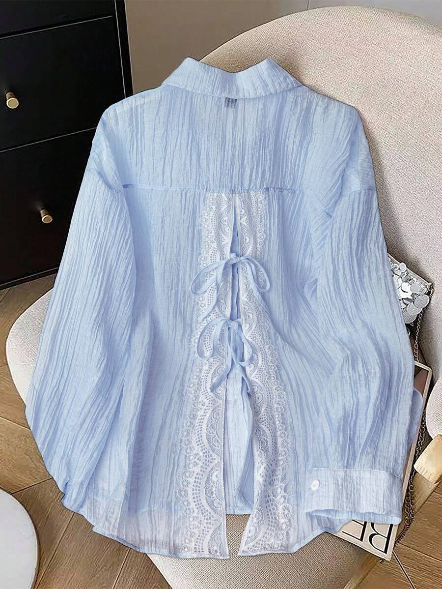 SHEIN Clasi Áo sơ mi nữ tay dài màu trơn, đơn hàng thường ngày, cỡ lớn, mùa xuân/thu - Màu xanh lam - Xem 1