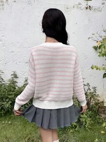 SHEIN Teen Girl Striped Cute Loose Elegant Comfortable Pullover Knit Sweater,In Fall/Winter - Pink - View 2