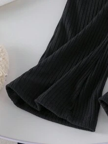 2pcs Girls Casual Everyday Outfit, Autumn/Winter, Fluffy Top With Lavender Bow Embroidery & Flare Pants Set Girls Winter Set Girls Sweater Set Bow Detail Set Girls Two Pieces Set Young Girl Clothes Fall - Black - View 6