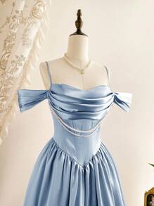 Vintamour 复古优雅缎面仿珍珠项链露肩连衣裙，女士正式派对节日服装，女士夏季连衣裙，女士夏季服装，女士夏季连衣裙，女士夏季度假服装，女士婚礼宾客礼服，女士生日礼服，夏季服装，女士生日服装，度假礼服，女士紧身胸衣连衣裙，夏季连衣裙，女士派对礼服，女士节日服装，女士早午餐服装 - 藍色 - 查看 2