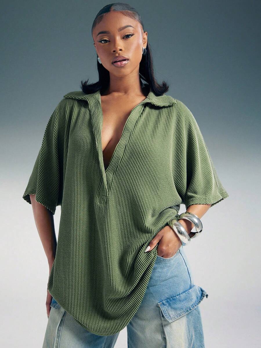 Denimoi Áo thun tay ngắn cổ bẻ rộng quá khổ - xanh quân đội - Xem 1