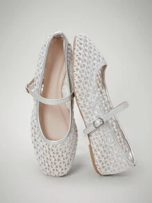 SHUZIA Giày ba lê đế vuông thanh lịch thoải mái bằng vải PU dệt cho nữ - trắng - Xem 2