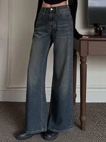 Dazy Tall 女式高腰长款直筒休闲牛仔裤 - 中等水洗藍 - 查看 10