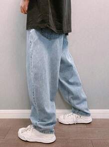 Manfinity Roghcode 大码男士牛仔宽松锥形工装裤 - 淺色水洗藍 - 查看 7