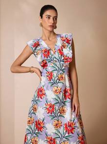 Shutterstock Glamance Women's Floral Print Ruffle Hem Romantic Vacation Dress Floral Midi Dress Midi Summer Dress Floral Dress Date Night Outfits Women Casual - Blue - View 5
