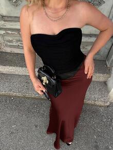 Jeta Ari Solid High Waist Skirt Elegant For Summer Maxi Women Outfit - Maroon - View 5