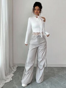 INAWLY Blusa asimétrica de manga larga con escote halter, parches de encaje francés sexy y cordones, para otoño/invierno - Blanco - Ver 5