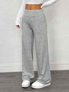 SHEIN PETITE 2pcs Women's Casual High Waist Fold-Over Wide Leg Straight Pants, Suitable For Summer,Fall - Multicolor - View 4