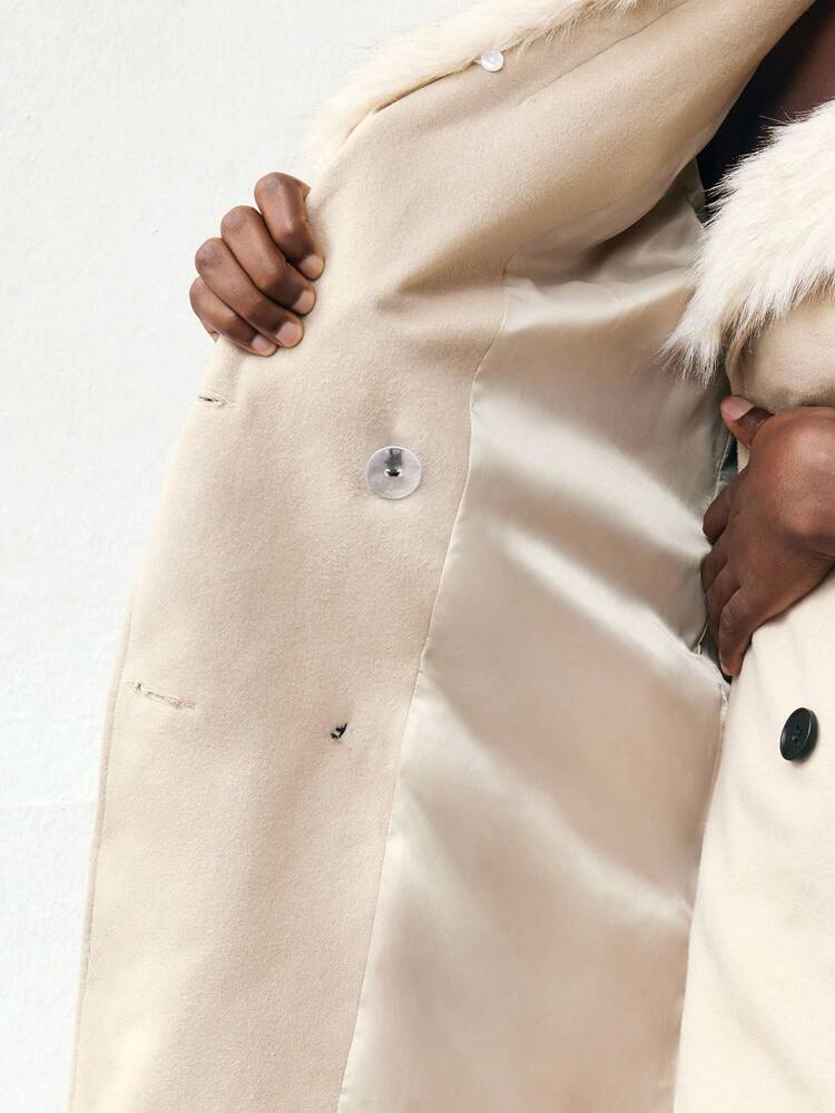 SHEIN Maija Khaki Faux Fur Collar Patchwork Long Belt Decor Overcoat, Modern Urban Casual Fashion For Women, Autumn/Winter Party Winter For Women For New Year Office For Women Thanksgiving For Women Halloween Costume Women