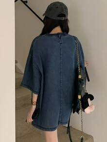 DAZY Women's Summer Round Neck Short Sleeve 3D Star Decor Loose Denim Casual Blouse - Dark Wash - View 5