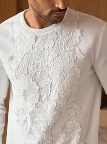 HIMLAND Men's Elastic Casual Knit Floral Lace Trim Crew Neck Pullover Sweatshirt, For Fall Winter