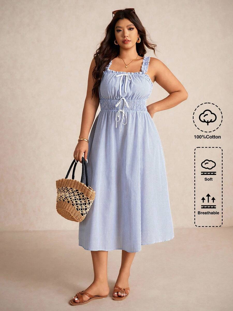 Elaquor Vestido Plus Size Casual Férias Azul e Branco Listrado com Alça na Cintura - Azul e branco - Ver 1