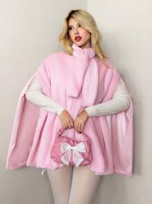 Sweetina Oversized Faux Fur Cloak Coat, Solid Color Fluffy Fashion Jacket In Fall/Winter - Pink - View 3