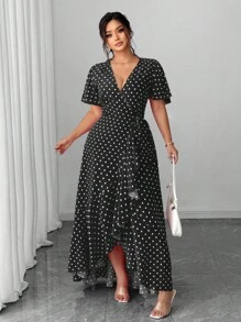 SHEIN Unity Plus Size Polka Dot Wrap Dress With Tie Waist, Ruffle Hem And Side Slit - Black - View 6