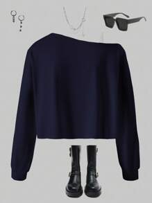 Sparklyn 休闲时尚斜肩长袖灰色T恤，适合青少年女孩秋冬季穿着