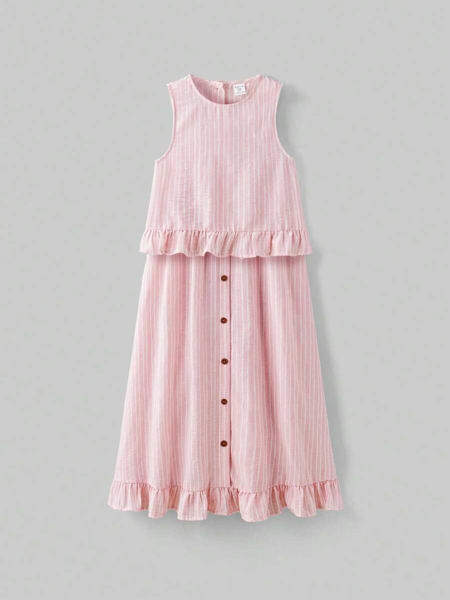 Ontre 少女宽松休闲荷叶边条纹上衣和A字裙两件套 - 粉色 - 查看 1