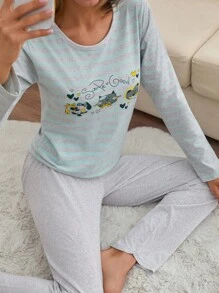 EURMUSE 棉质女士两件套圆领条纹可爱卡通长袖衬衫和纯色睡裤家居服套装 - 灰色 - 查看 4