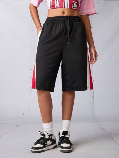 Streetz SHEIN Sport Pantalones cortos deportivos para mujer, atuendos de regreso a la escuela, graduación, estilo casual deportivo para mujer, estilo callejero para el verano, pantalones cortos con cintura elástica para uso diario, pantalones cortos tipo bermuda de boxeo negros y rojos, pantalones cortos de baloncesto, ropa deportiva de malla, ropa activa, entrenamiento, gimnasio, tenis, pickleball, Y2k activo, entrenamiento, gimnasio, pádel, tenis, pickleball