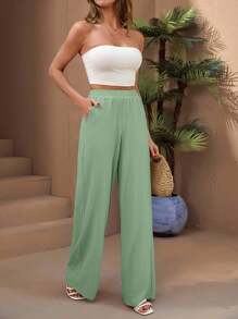 EURMUSE PANTALON TEXTURÉ À JAMBE LONGUE ÉVASÉE AVEC TAILLE HAUTE ÉLASTIQUE ET CORDON DE SERRAGE - Vert menthe - Voir 1